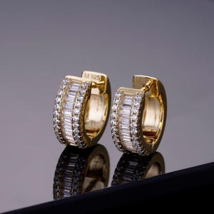 Men's Women's Small 12mm Baguette MOISSANITE Huggie Hoop Earrings, 14k Gold over Solid 925 Sterling Silver, 1/2", PASSES DIAMOND Tester!!!