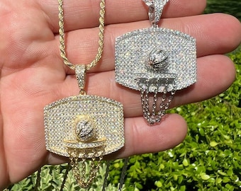 Iced Out Moissanite Basketball Hoop Pendant: Sterling Silver or