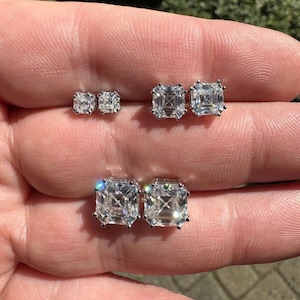 Men&#39;s Women&#39;s 925 Sterling Silver Square Asscher Cut Moissanite Stud Earrings PASSES DIAMOND TESTER, 4mm, 6mm or 8mm,  Screw Back Closure
