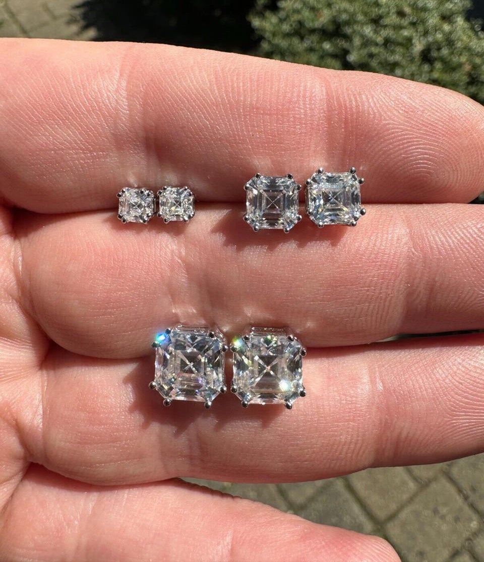 Men's Women's 925 Sterling Silver Square Asscher Cut Moissanite Stud Earrings PASSES DIAMOND TESTER, 4mm, 6mm or 8mm,  Screw Back Closure