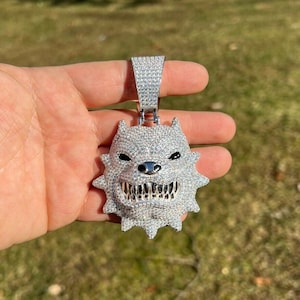 ENORME colgante de Pitbull enojado de 3,5" con diamantes simulados, súper helado, plata esterlina 925 sólida real, hip hop, rapero, ¡MÁS DE 60 GRAMOS!... P848C