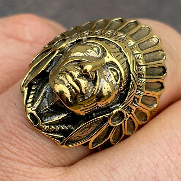 Custom Made Men's Oxidized Solid 925 Sterling Silver w/Gold Finish Native American Indian Chief Head Pinky Ring Sizes 7-13....R125A