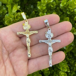 Large Handmade Solid 925 Sterling Silver Men&#39;s Women&#39;s Crucifix Cross Jesus Pendant 14k Yellow Gold or Rhodium Finish, 2.25&quot; x 1.5&quot;