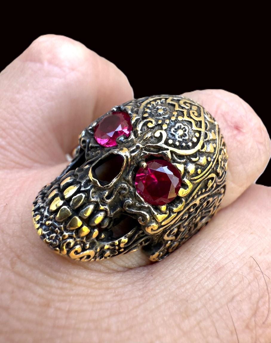Men's Solid 925 Sterling Silver Finished in 14k Gold & Oxidized Rhodium Calavera Day Of Dead Sugar Flower Skull Ruby Red Eyes Sizes 7 - 13
