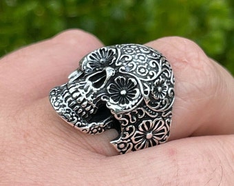 Men's Real Solid Oxidized 925 Sterling Silver Calavera Day Of Dead Sugar Flower Skull Death Ring Sizes 7 through 13