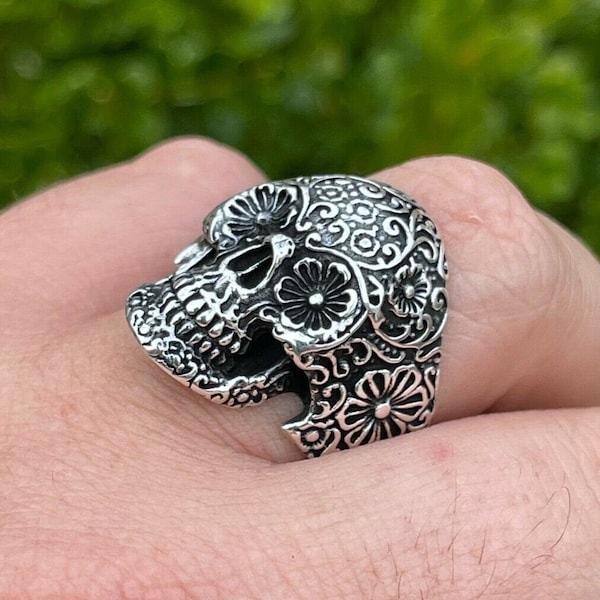 Men's Real Solid Oxidized 925 Sterling Silver Calavera Day Of Dead Sugar Flower Skull Death Ring Sizes 7 through 13