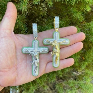 Men&#39;s Real Solid 925 Silver/Gold Glow In The Dark Super Iced Out Cross Crucifix Jesus Pendant Huge 3.5&quot; Hip Hop Rapper....P752/753