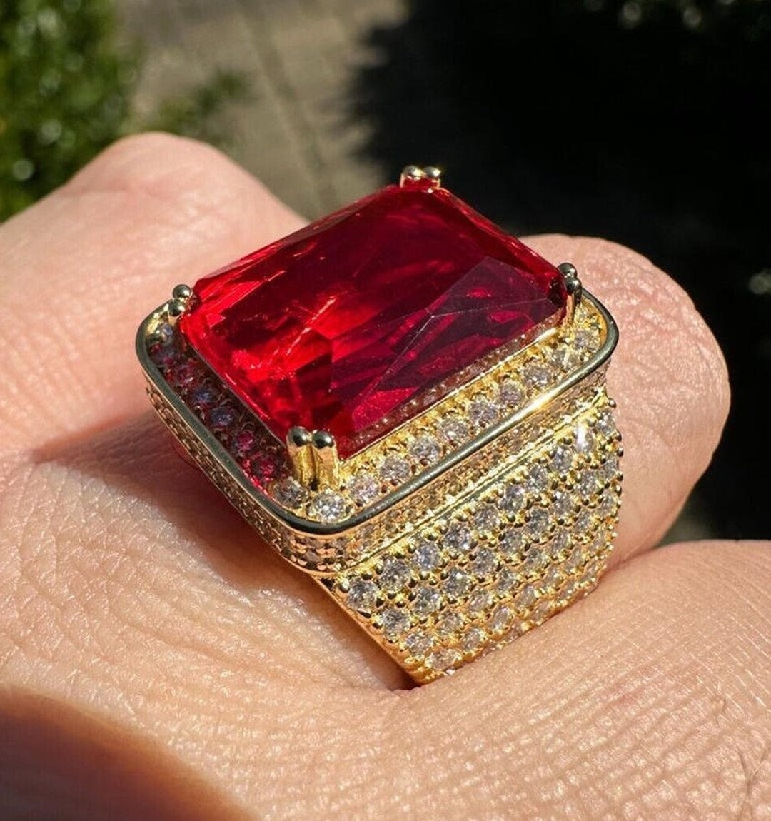 H&J Jewelry Men's 925 Sterling Silver Icy Bling Ring - 3D Simulated Ruby & CZ - Gold Plated