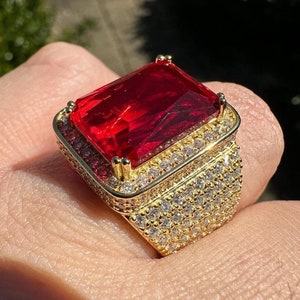 Men&#39;s Large Square Moissanite & Simulated Ruby Hip Hop Ring, Gold over Solid 925 Sterling Silver, Sizes 6-13, PASSES DIAMOND TESTER!!!