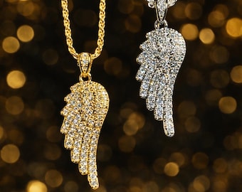 Iced Out Moissanite Angel Wing Pendant: 925 Sterling Silver, Rhodium or 14k Gold Finish