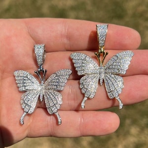 Women&#39;s Iced Out Moissanite 925 Sterling Silver Butterfly Pendants in Rhodium or 14K Gold Finish, PASSES DIAMOND TESTER!!   1.25&quot; X 1.25&quot;