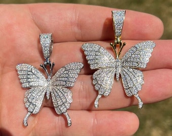 Pendentif papillon glacé en moissanite : finition en argent sterling, rhodium ou or 14 carats