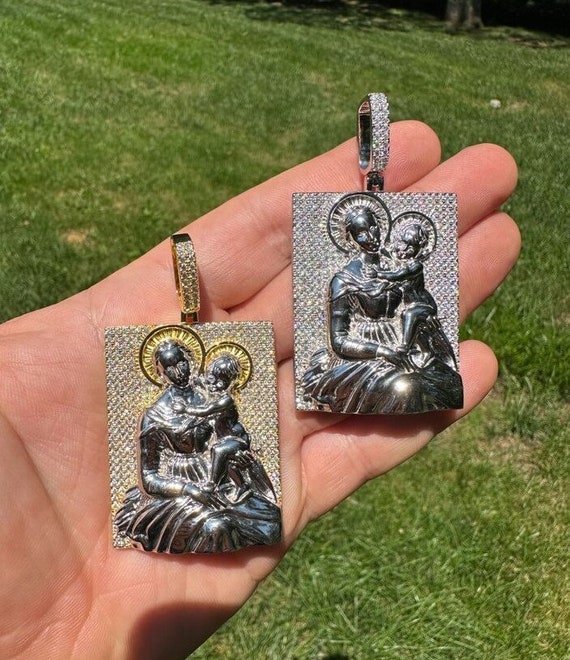 Argento Placcato Oro 14kt Collana Uomo In Argento Sterling 925 Placcato Oro 14kt Con Ciondolo Vergine Maria - HarlemBling Ciondolo Vergine Maria Uomo - Foto 3