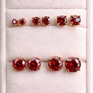 Ruby Red Moissanite Stud Earrings, 14k Gold over Sterling Silver, Screw Back