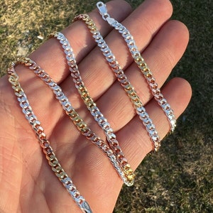 Men&#39;s Women&#39;s 4MM hand made solid 925 sterling silver tri-color gold/rose gold/silver cuban necklace chain, 16&quot;-30&quot; available
