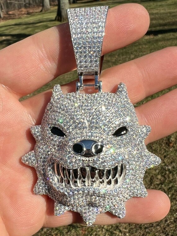 Angry Pitbull Bulldog Pendant – Iced Silver Charm – 12mm Miami Cuban Chain – Hip Hop Style