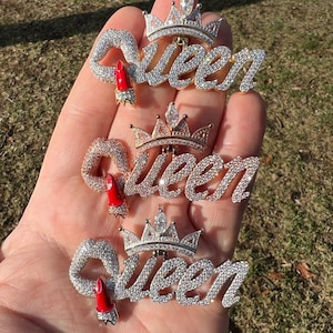 Iced Out Moissanite QUEEN Crown Lipstick Pendant Solid 925 Sterling Silver in Rhodium, Gold or Rose Gold Finish, PASSES DIAMOND Tester!!!