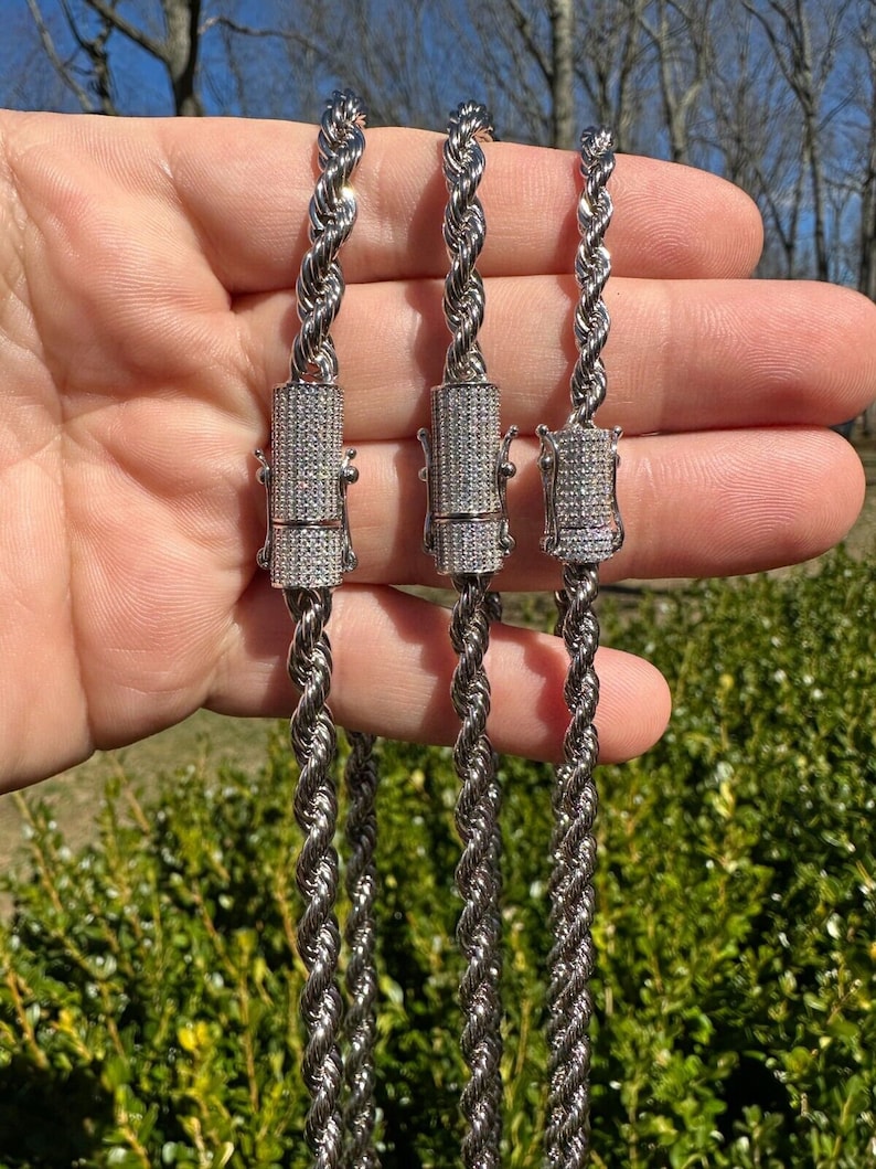 Moissanite Clasp Stainless Steel Rope Chain, 14k White Gold Plated - Etsy