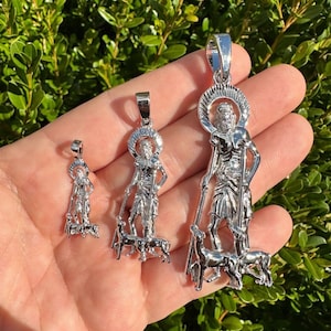 Men&#39;s Women&#39;s Diamond Cut St. Lazarus San Lazaro Pendant Real Solid 925 Sterling Silver Rhodium Finish, 3 Sizes: Small, Medium & Large