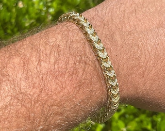 Iced Out Franco Bracelet: 14k Gold Over Sterling Silver, Simulated Diamond