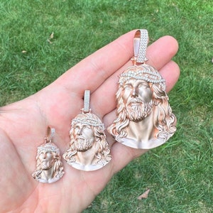MOISSANITE 14K Rose Gold Vermeil over Solid 925 Sterling Silver Matte Finish Jesus Pendants, small/medium/large, PASSES DIAMOND Tester!!!