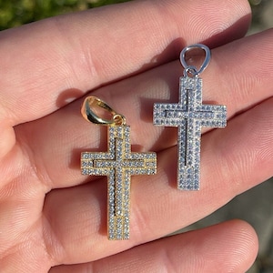 Iced Moissanite Cross Pendant: 925 Sterling Silver, 14k Gold Finish