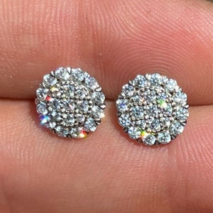 Men&#39;s Women&#39;s Solid 925 Sterling Silver Iced Out Hip Hop Round Diamond Stud Cluster 10mm Screw Back Earrings