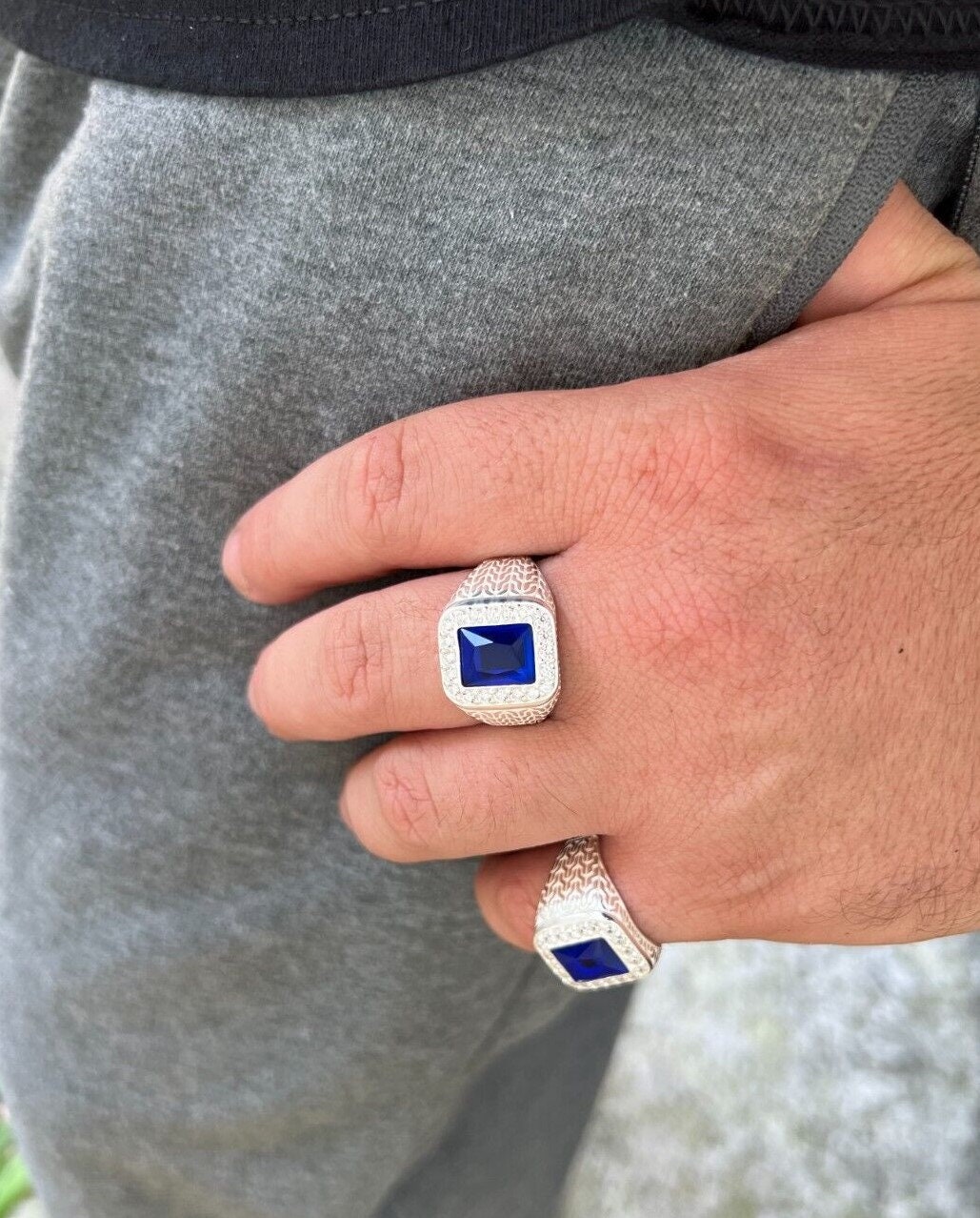 Men's Real Solid Natural 925 Sterling Silver Square Blue