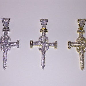 Nail Cross 2&quot; pendant solid 925 silver in rhodium, two-tone or 14k yellow gold finish & 2ct simulated diamonds (CZ)