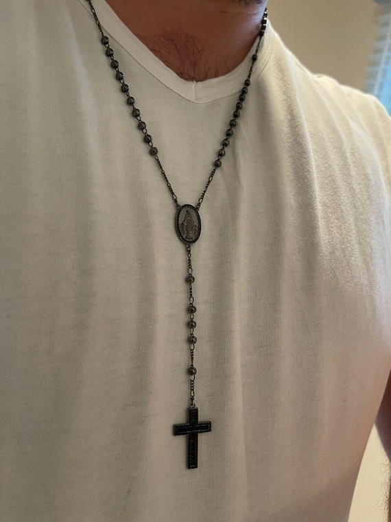 Men s Women s Black Iced Out Diamond Oxidized 925 Sterling Silver Rosary Beads Necklace 4mm Beads 24 28 With Drop Etsy UK