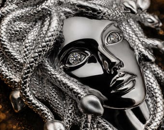 Sterling Silver Medusa Head Pendant, Moissanite Snakes, D VVS1, 3 Sizes
