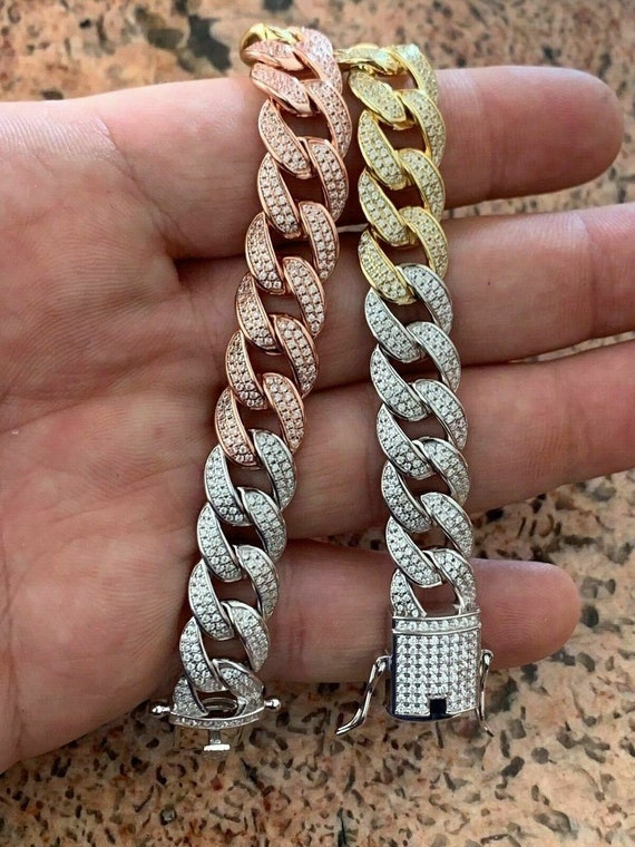 Men\'s Tri-color 925 Sterling Silver/gold/rose 12mm Curb Cuban Link Bracelet  8.5 Iced Out Simulated Diamond Clasp - Etsy