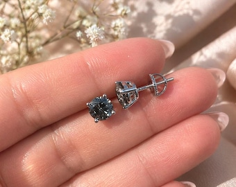 Blue-Gray Moissanite Stud Earrings, Solid Sterling Silver, Screw Backs