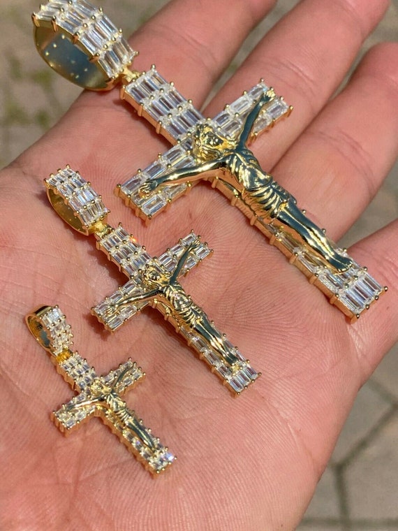14k Gold Over 925 Silver Simulated Baguette Diamond Crucifix Jesus Cross Pendants Small Medium Large Sizes Mens Womens.P304 306 308
