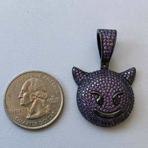 Custom Made Solid 925 Sterling Silver Iced Out Purple Simulated Diamond Hip Hop Devil Face Emoji Pendant image 6