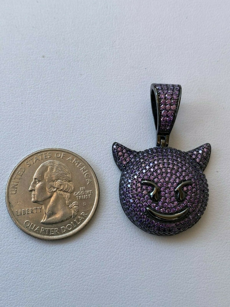 Custom Made Solid 925 Sterling Silver Iced Out Purple Simulated Diamond Hip Hop Devil Face Emoji Pendant image 6