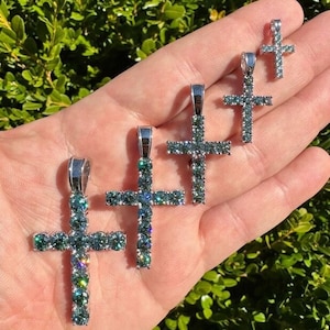 Men's Women's Blue-Green MOISSANITE Solid 925 Sterling Silver Tennis Cross Pendants, 5 Sizes Available!! PASSES DIAMOND Tester!!!
