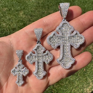 Iced Out Baguette Moissanite Gothic Cross Pendants (3 sizes!) for Men or Women Solid 925 Sterling Silver, PASSES DIAMOND TESTER!!
