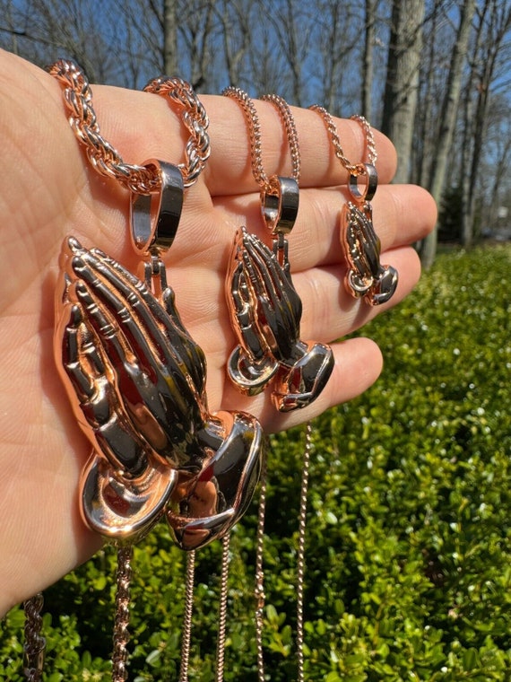 Praying Hands Pendant, Solid 925 Sterling Silver With 14k Rose