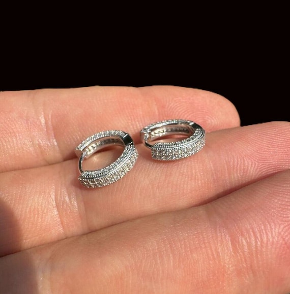 Iced Out Moissanite Huggie Hoop Earrings: Sterling Silver (12mm