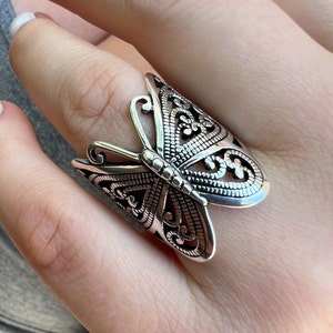 Women&#39;s Large Butterfly Ring, Solid Oxidized 925 Sterling Silver BoHo Bohemian Hippie Whimsical Sizes 5, 6, 7, 8, 9, 10