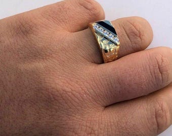 Men's Custom made Iced Simulated Diamond Onyx NUGGET Pinky Ring 14k Gold over Solid 925 Sterling Silver Sizes 7-13