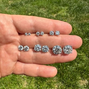 Mens or Women's Solid 925 Sterling Silver Real Moissanite Stud Earrings PASSES DIAMOND TESTER All Sizes 3mm to 10mm, Push Backs!