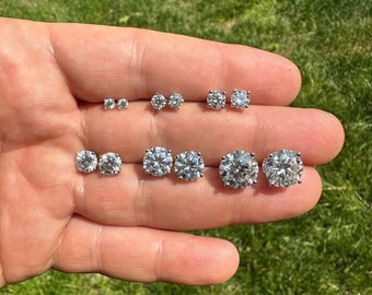 Herren oder Damen Massiv 925 Sterling Silber Echt Moissanite Ohrstecker PASSES DIAMOND TESTER Alle Größen 3 mm bis 10 mm, Push Backs!