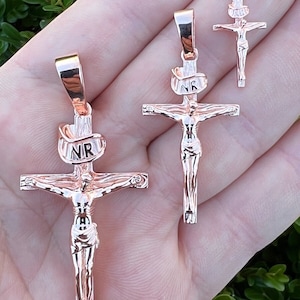 Men&#39;s Women&#39;s Rose Gold over Solid 925 Sterling Silver INRI Jesus Christ Cross Crucifix Pendant in Small, Medium & Large Sizes