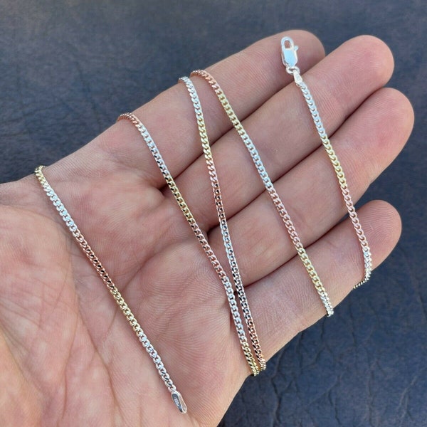 Men's Women's 2MM hand made solid 925 sterling silver tri-color gold/rose gold/silver cuban necklace chain, 16"-30" available