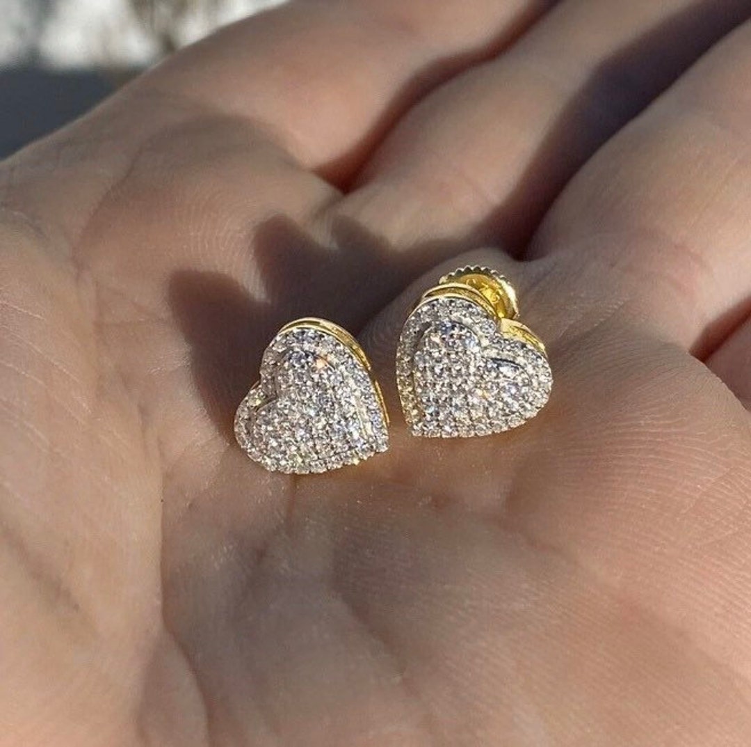 HEART SILVER EARRINGS 金 Women's Girl's Gold Over Silver CZ Diamond Heart Stud Screwback