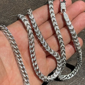 Naszyjnik męski i damski Iced Out z symulowanymi diamentami, solidny 925 srebrny łańcuszek Franco Box, 6 mm, 18", 20", 22", 24"