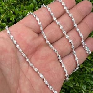 Men&#39;s Women&#39;s Solid 925 sterling silver diamond cut twisted sparkle SINGAPORE ROPE NECKLACE chains 2.5mm thick & 14&quot; to 24&quot; lengths