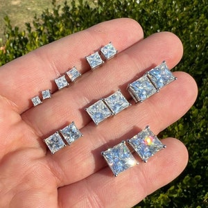 Moissanite Iced Out Square Princess Cut Screwback Earrings Solid 925 Sterling Silver, PASSES DIAMOND TESTER!!!  3-9mm Sizes!!!